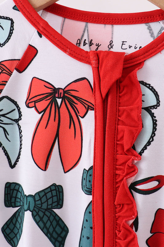 Red bow bamboo pajamas zipper romper