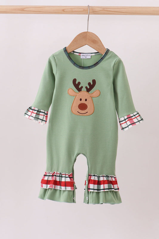Green christmas reindeer applique ruffle romper