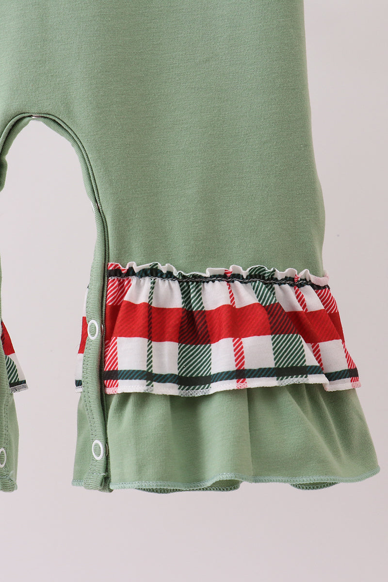 Green christmas reindeer applique ruffle romper