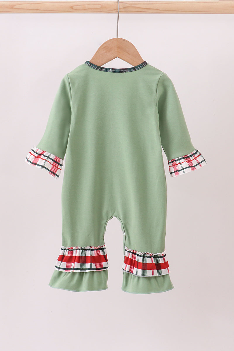 Green christmas reindeer applique ruffle romper