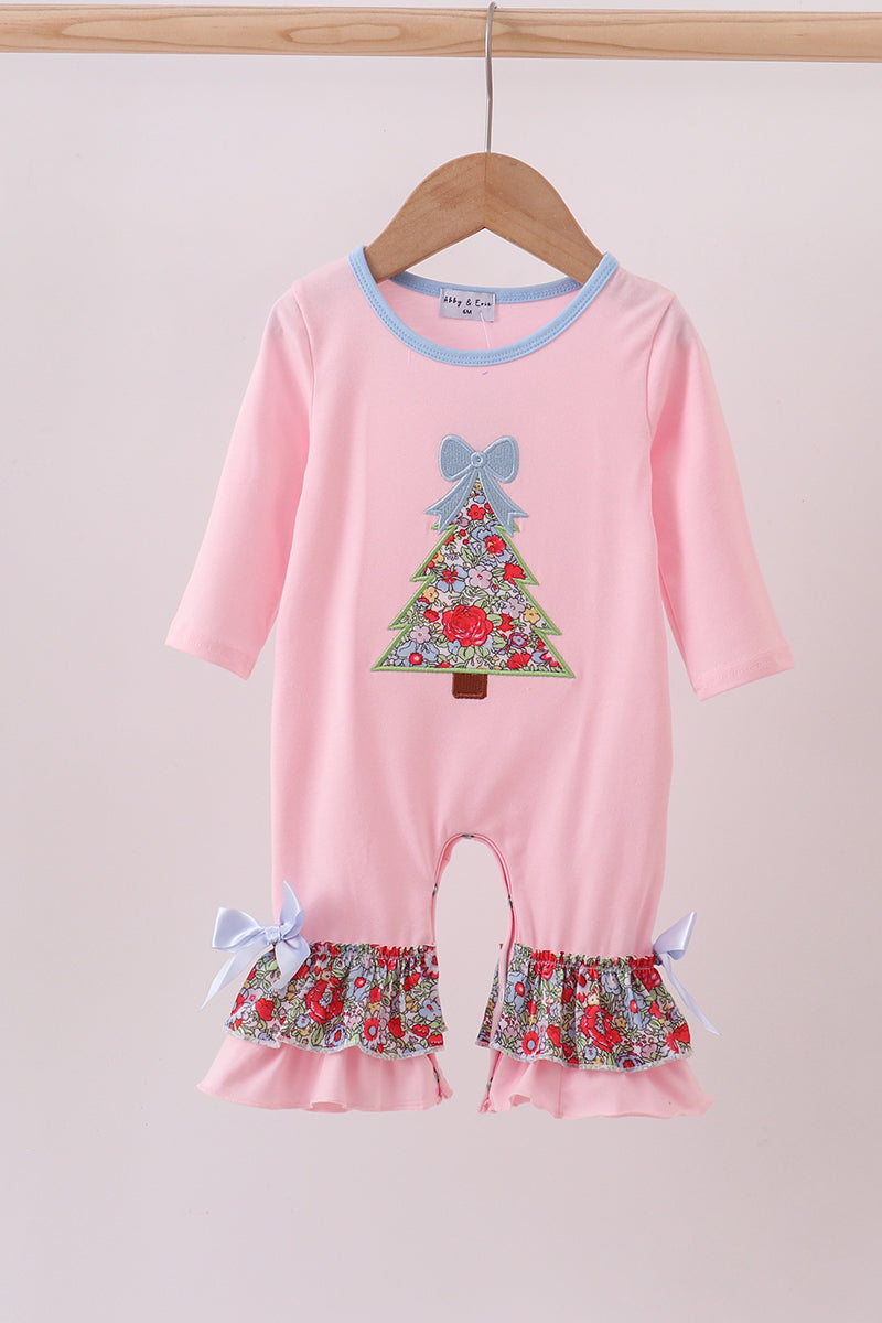 Pink christmas tree applique ruffle romper