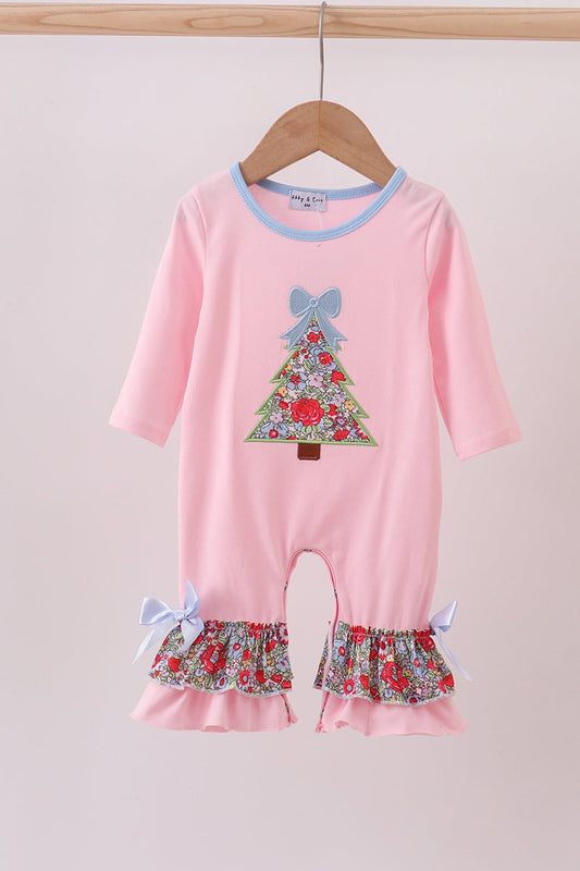 Pink christmas tree applique ruffle romper