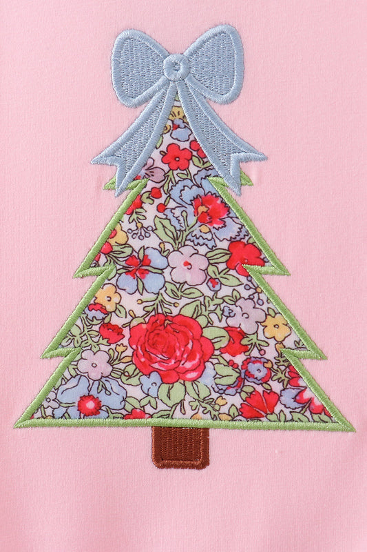 Pink christmas tree applique ruffle romper