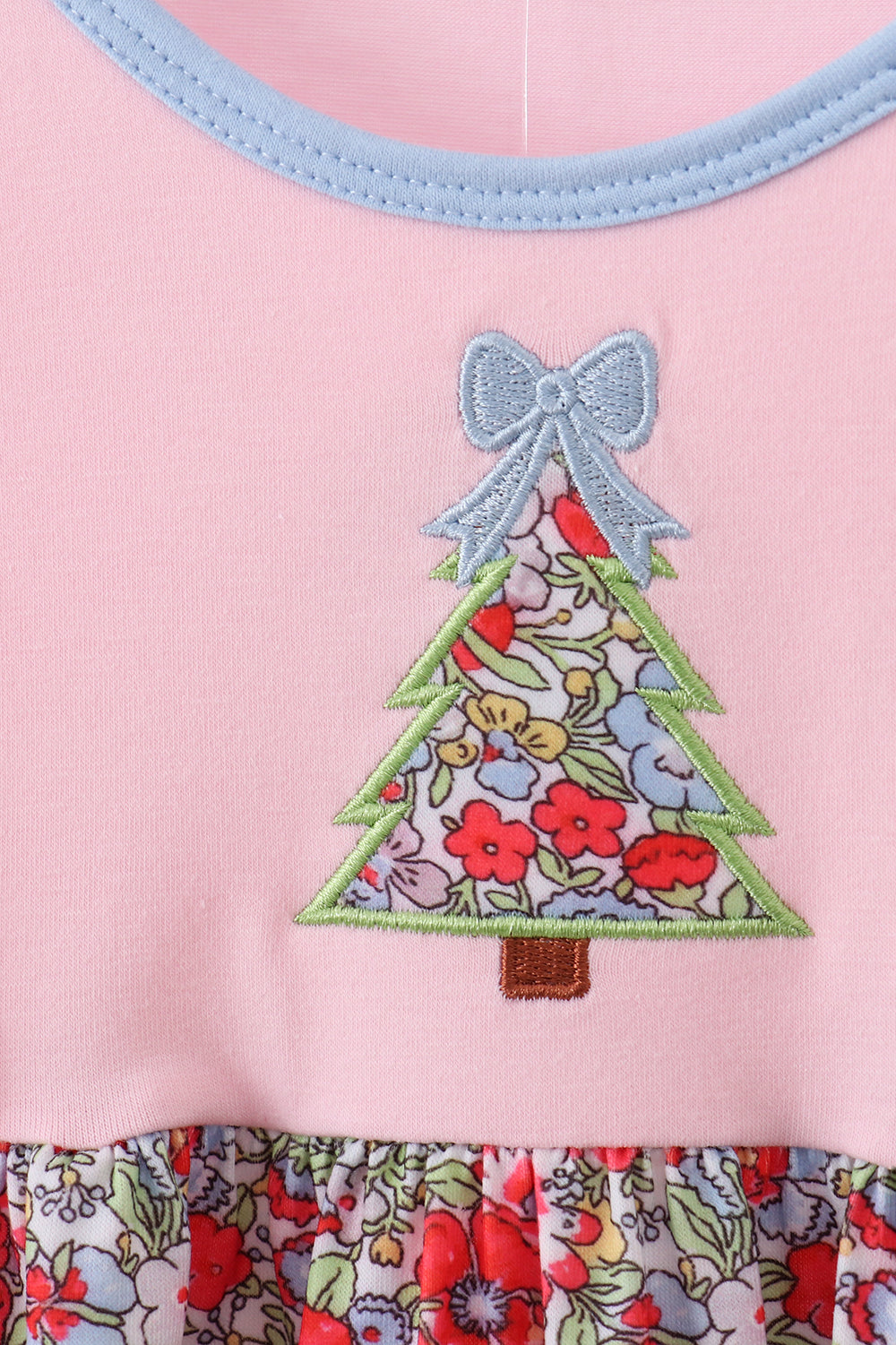 Pink christmas tree applique ruffle dress