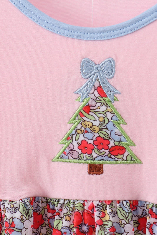 Pink christmas tree applique ruffle dress