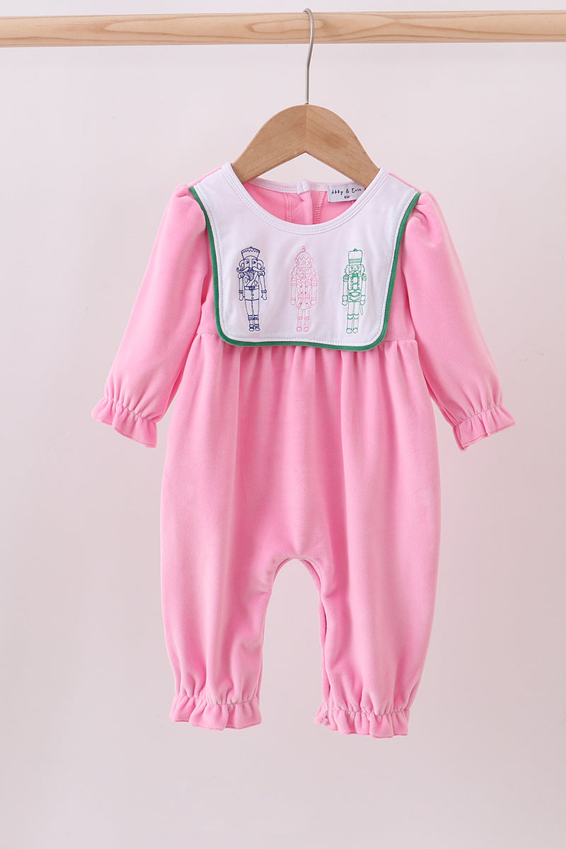 Pink nutcracker embroidery velvet romper