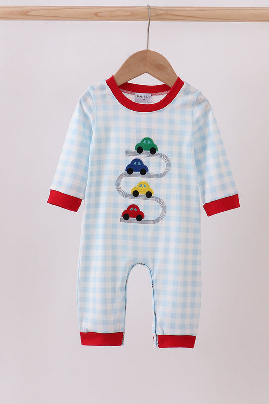 Blue car embroidery gingham romper