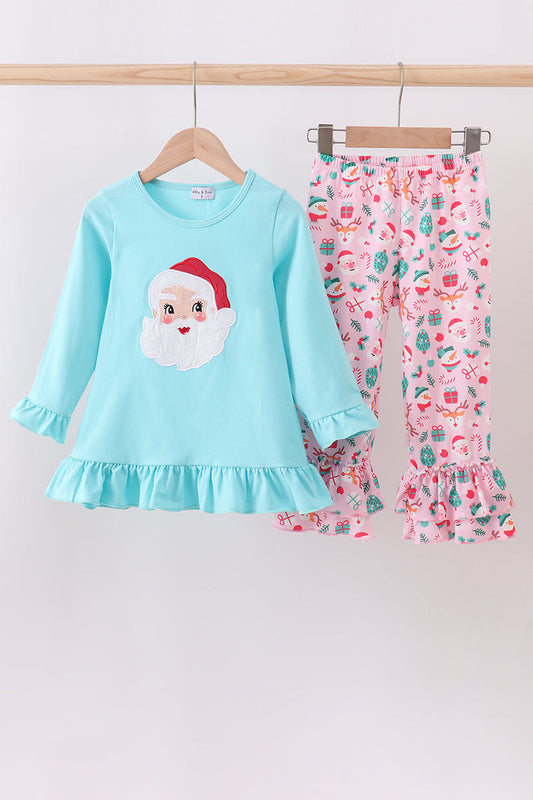 Blue christmas santa claus applique ruffle pants set