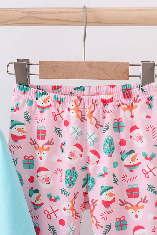 Blue christmas santa claus applique ruffle pants set