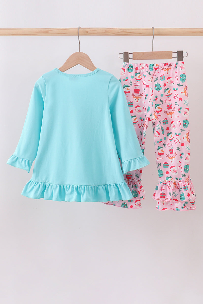 Blue christmas santa claus applique ruffle pants set