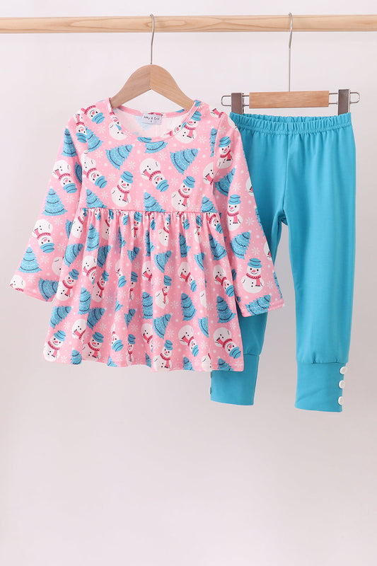 Pink christmas tree snowman dress set