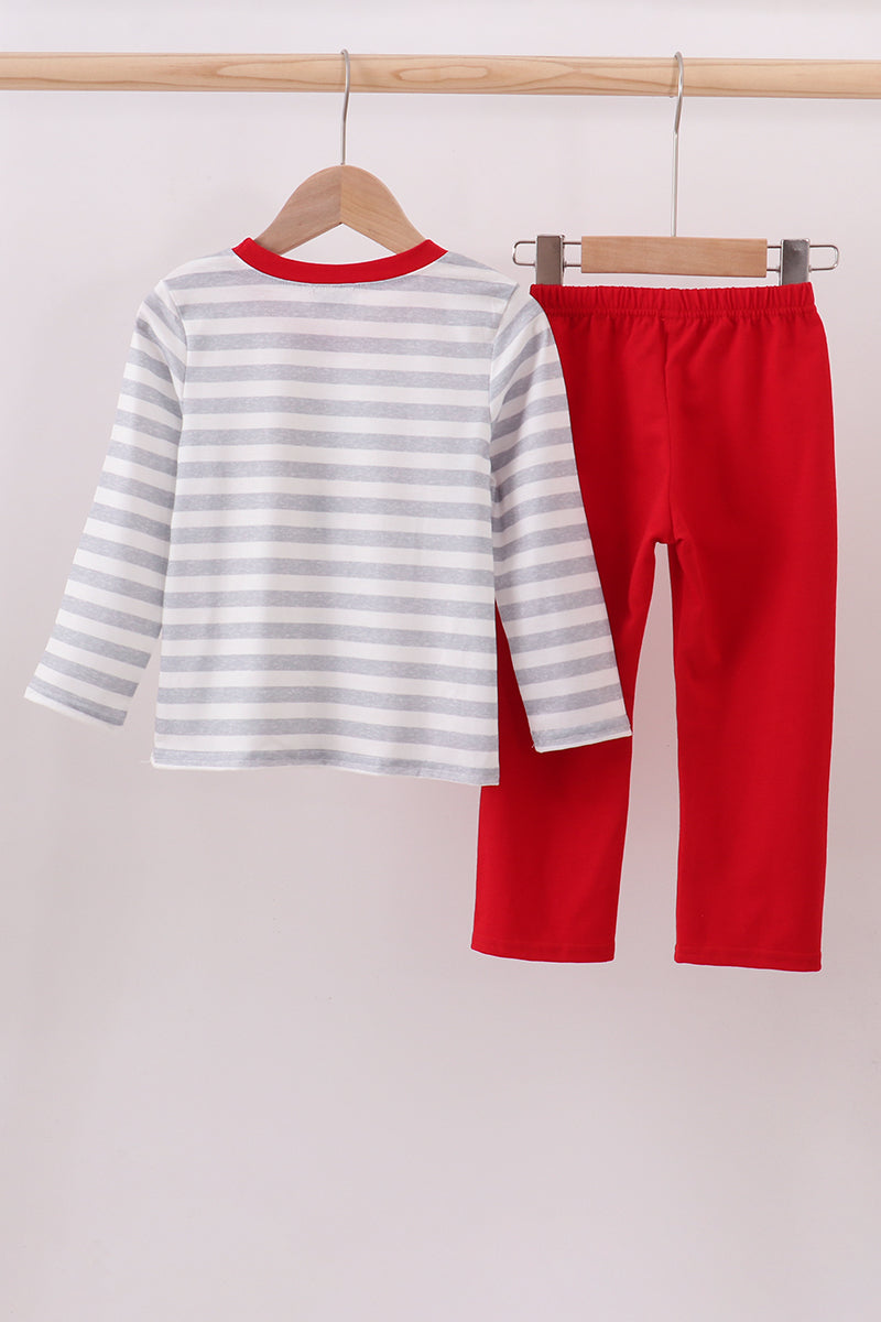 Red stripe excavator applique pants set