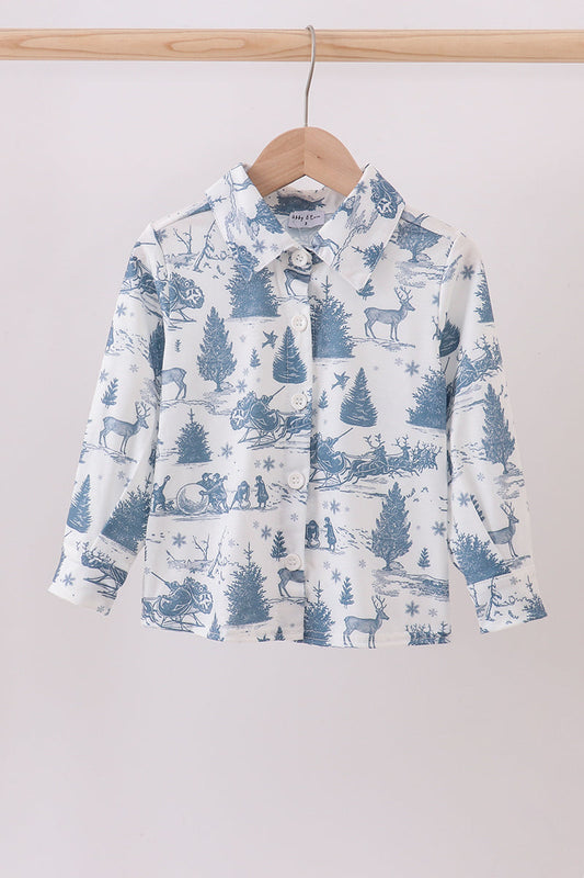 Blue christmas reindeer tree button down shirt