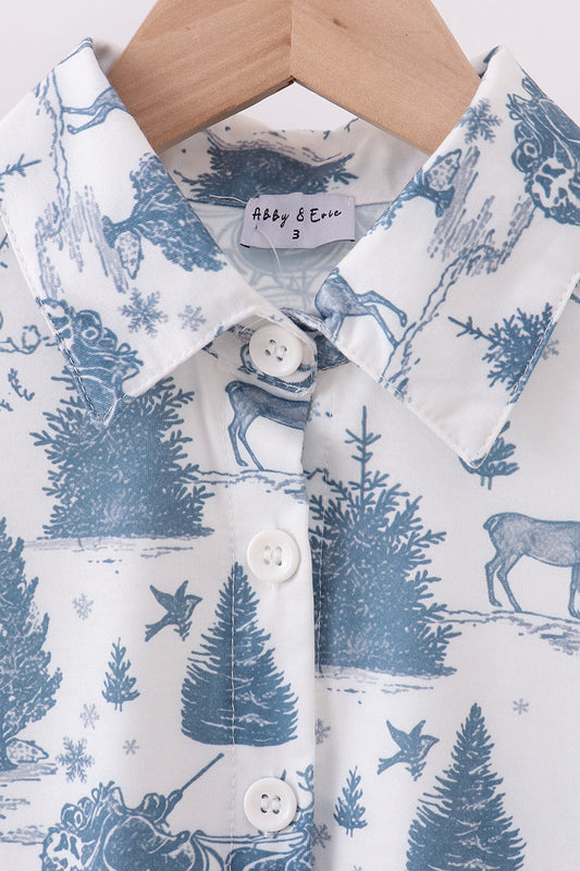 Blue christmas reindeer tree button down shirt