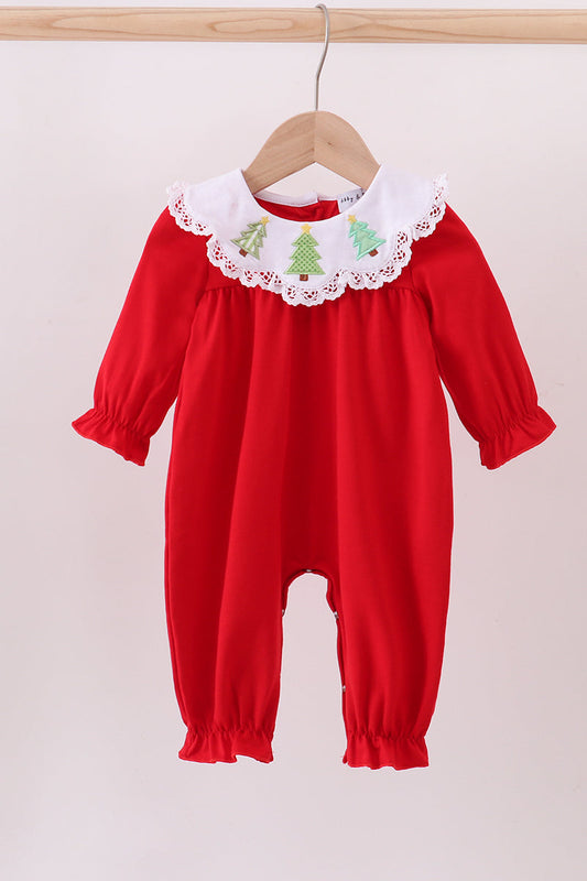 Red christmas tree embroidery romper