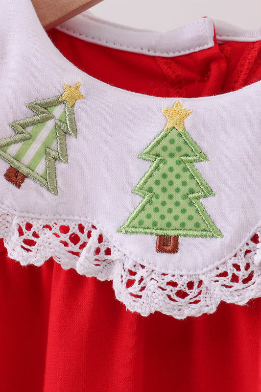 Red christmas tree embroidery romper