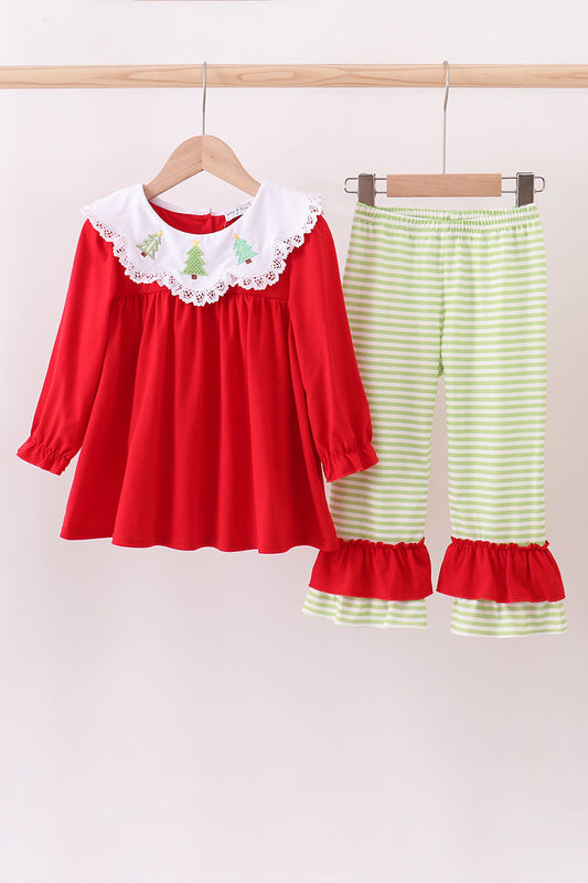 Red christmas tree embroidery ruffle pants set