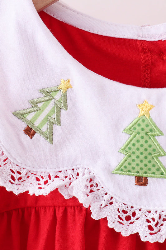 Red christmas tree embroidery ruffle pants set