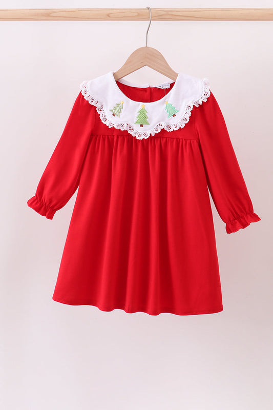 Red christmas tree embroidery ruffle dress