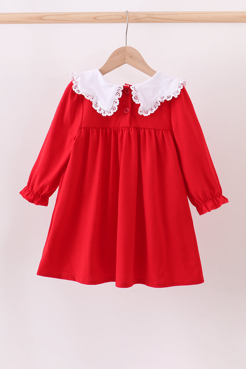 Red christmas tree embroidery ruffle dress