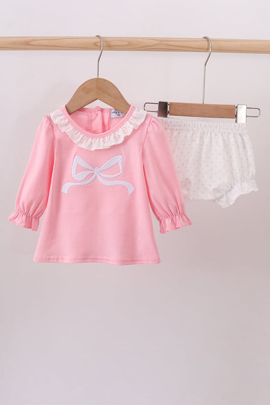 Pink bow embroidery ruffle bloomer set