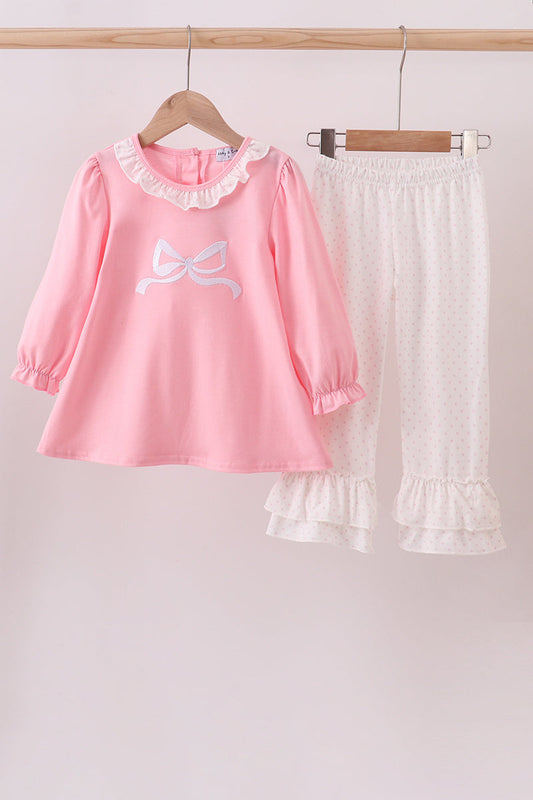 Pink bow embroidery ruffle pants set