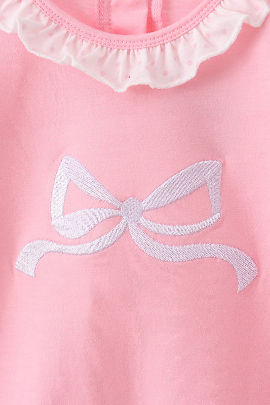 Pink bow embroidery ruffle pants set