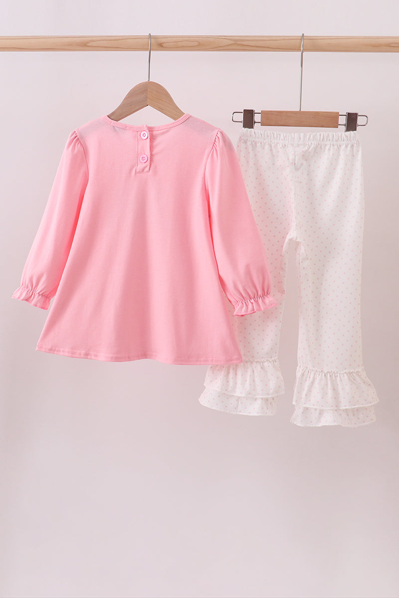 Pink bow embroidery ruffle pants set