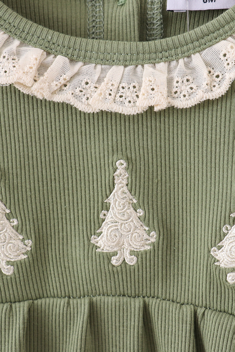 Green christmas tree ribbon embroidery ruffle dress set