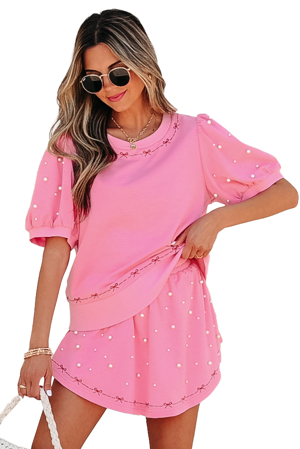 Bow Trim Pearl Puff Sleeve Blouse and Skort 2pcs Set