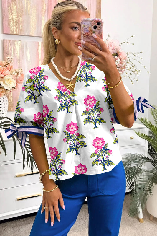 Pink Floral /Tie Sleeve Blouse