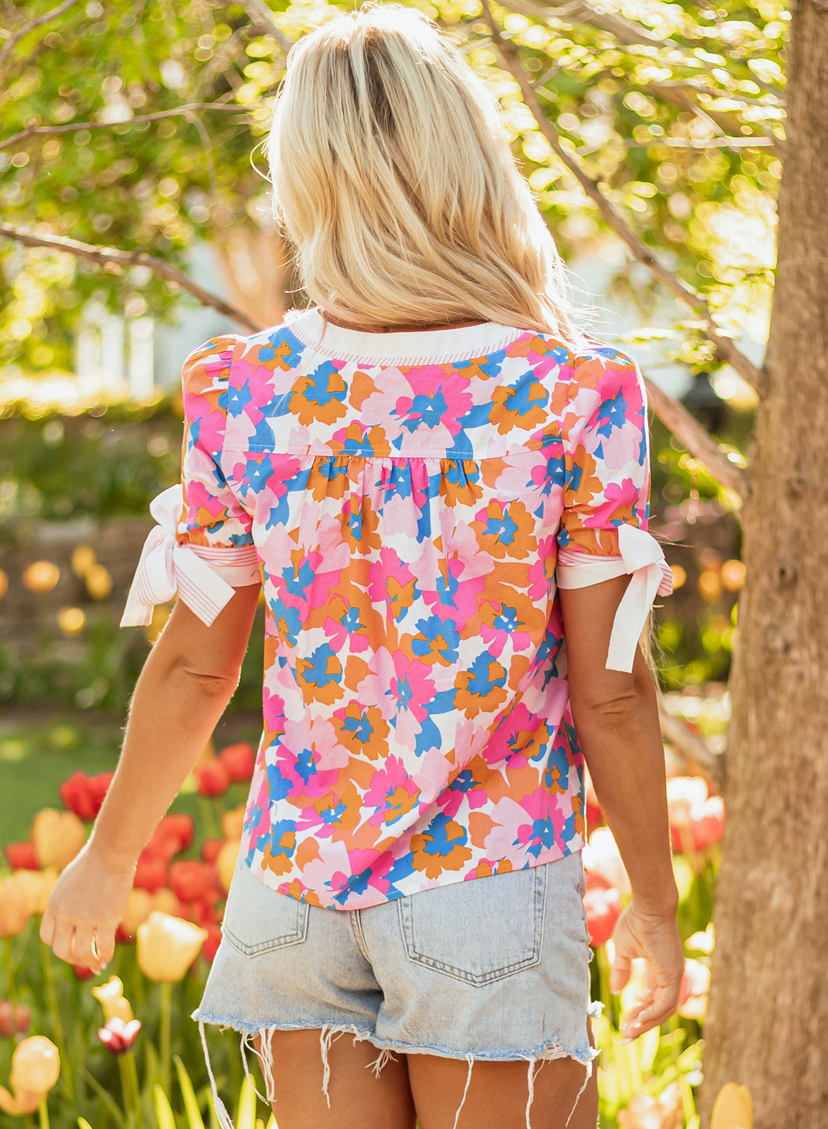 Spring Floral Knotted Short Sleeve Blouse