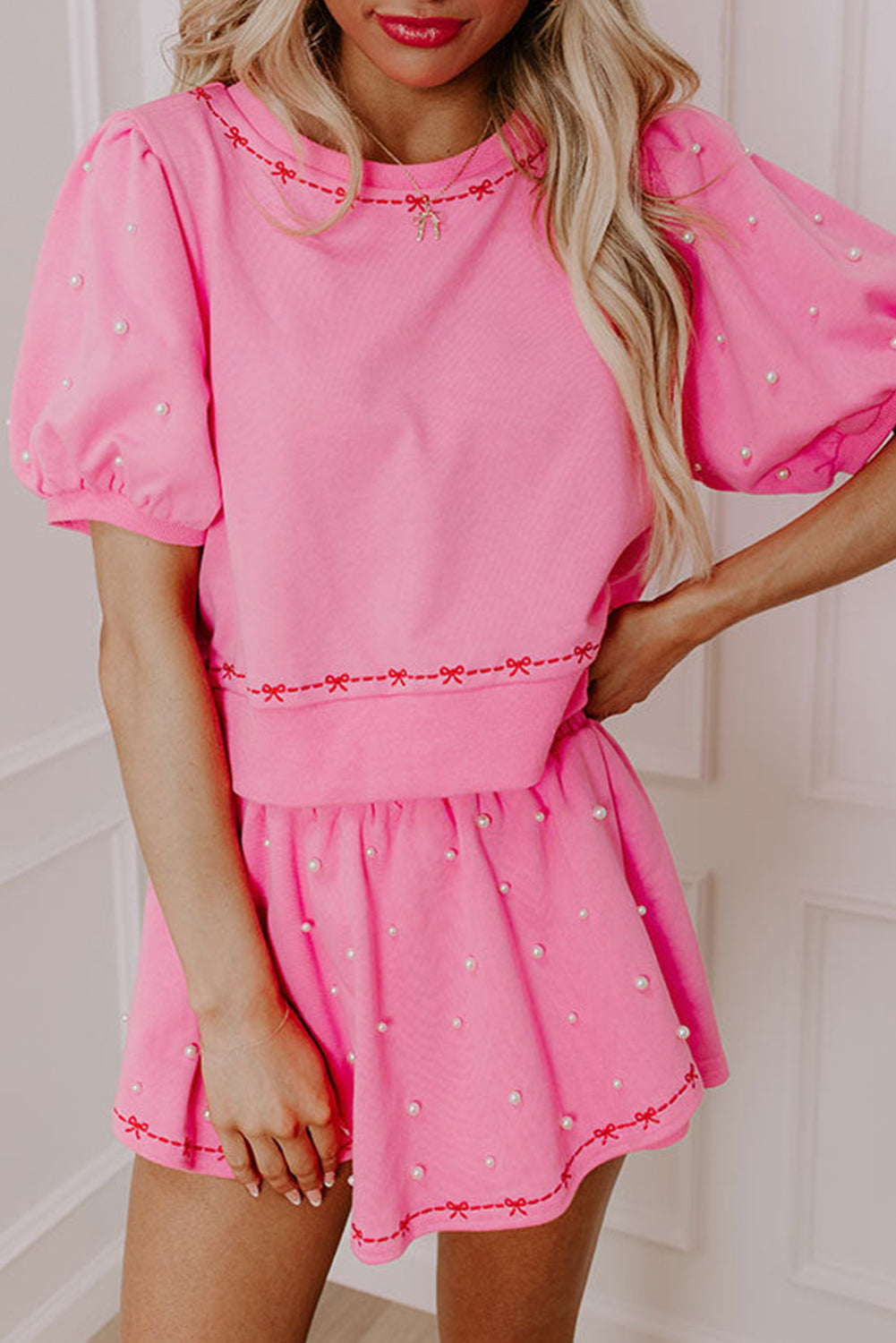Bow Trim Pearl Puff Sleeve Blouse and Skort 2pcs Set