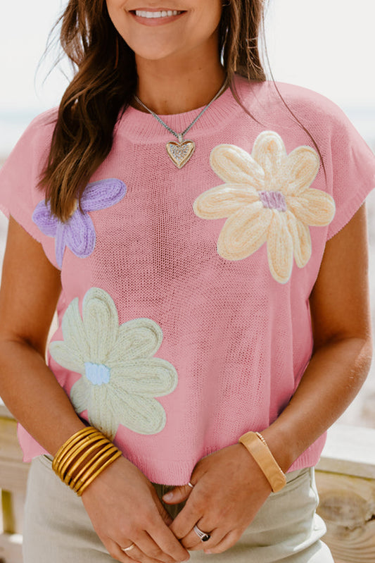 Crochet Flower Knit Short Sleeve Sweater Top