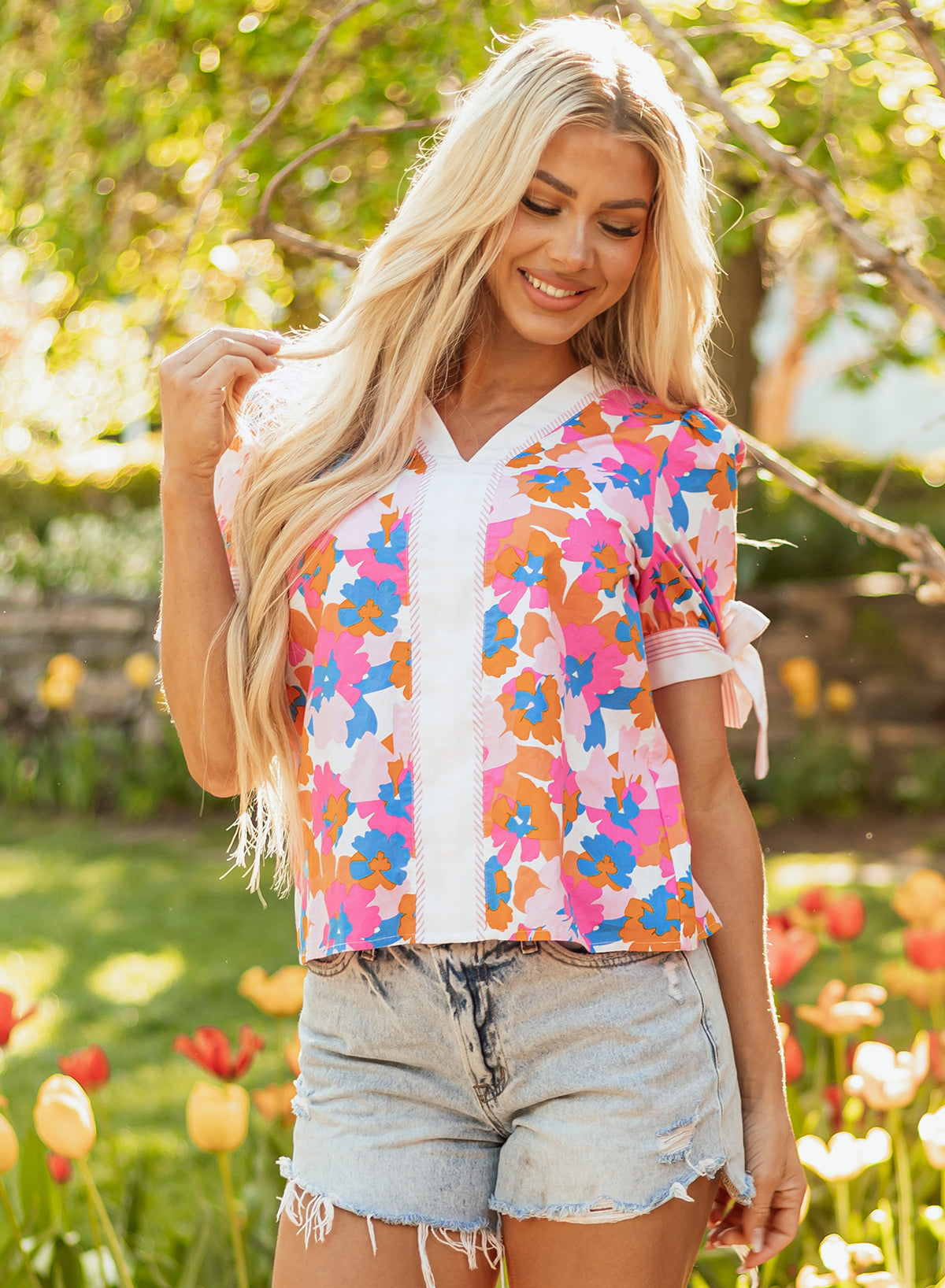 Spring Floral Knotted Short Sleeve Blouse