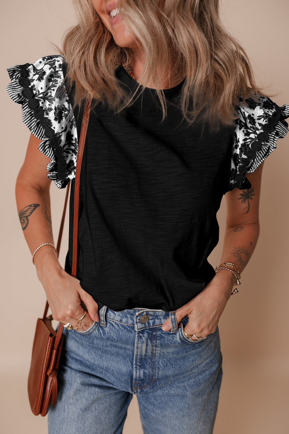 Blue Ricrac Trim Printed Flutter Sleeve Contrast Patchwork Blouse