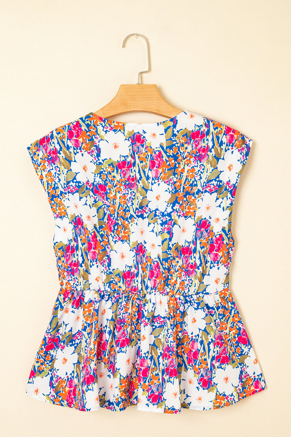 Floral Print Bow Applique Slit Sleeveless Peplum Blouse