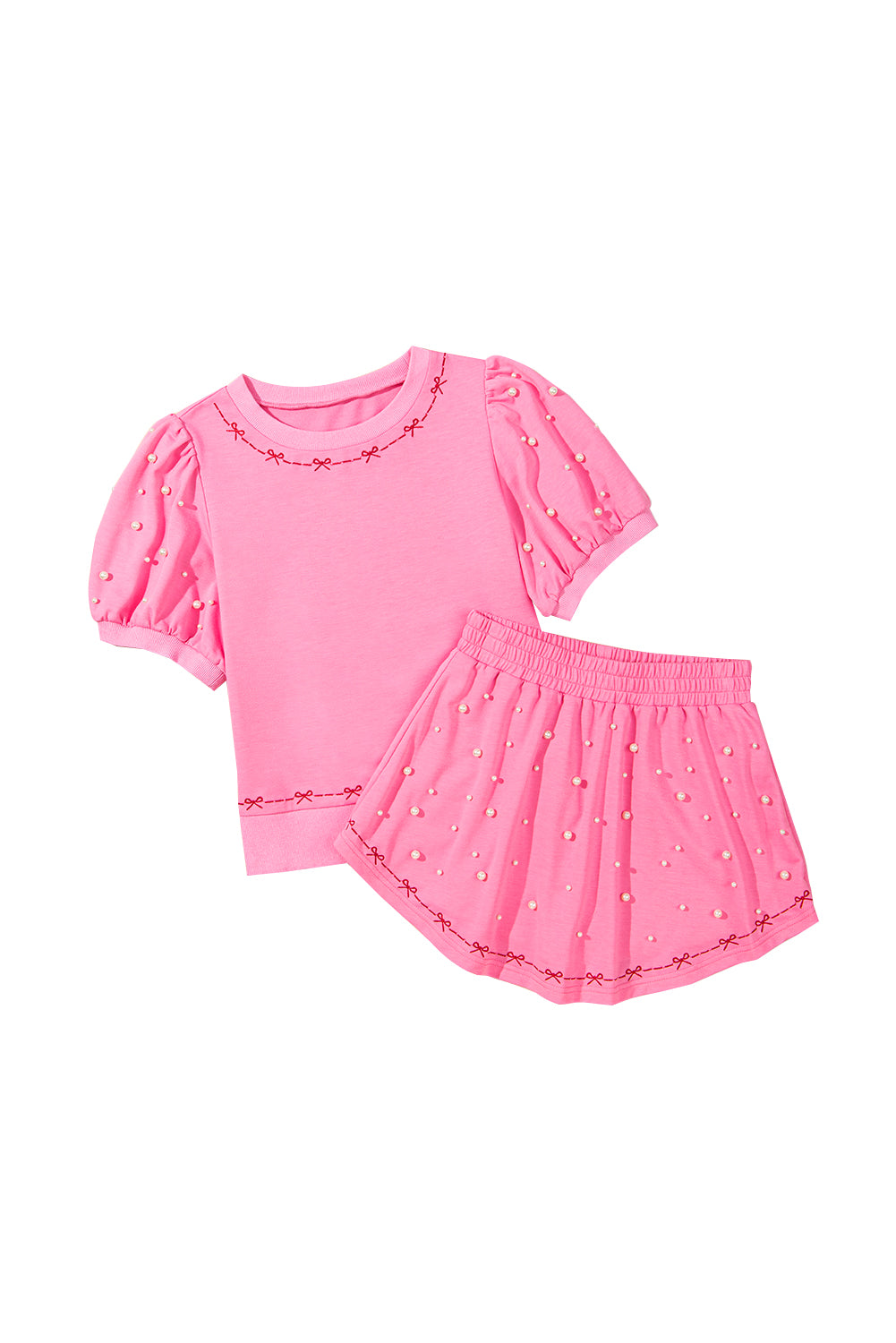 Bow Trim Pearl Puff Sleeve Blouse and Skort 2pcs Set