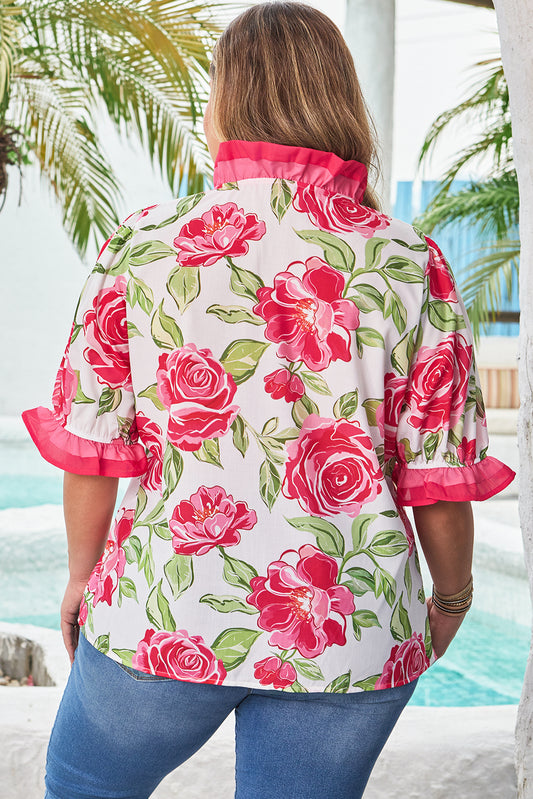 Give Me Roses Frilled Stripes Curvy Short Sleeve Blouse