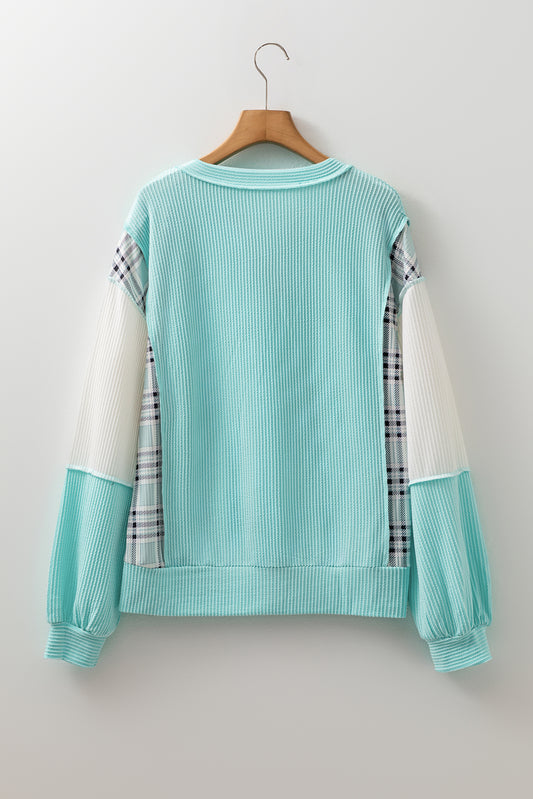 Aruba Blue Corded Texture Plaid Colorblock Patchwork Split Neck Long Sleeve Top