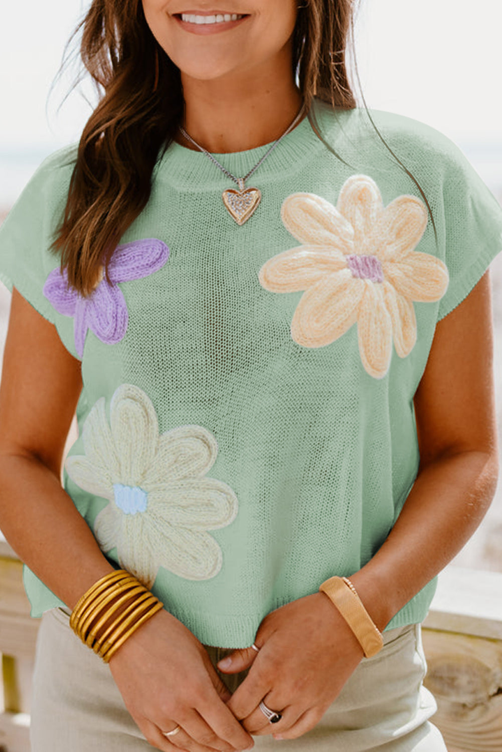 Crochet Flower Knit Short Sleeve Sweater Top