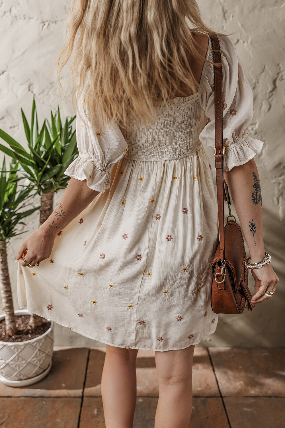 Beige Embroidered Flower Smocked Dress