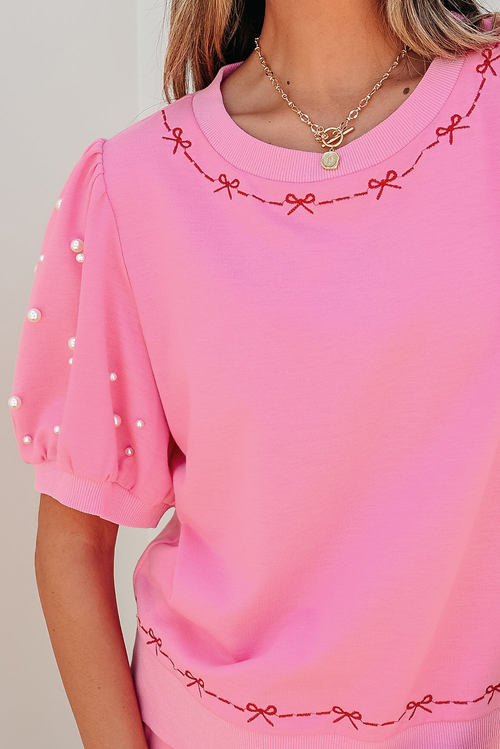 Bow Trim Pearl Puff Sleeve Blouse and Skort 2pcs Set